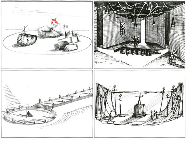 ΠΑΝΩ: «Βάκχες», Εθνικό 1975. «Τρωάδες», Ζυρίχη 1976. ΚΑΤΩ: «Πέρσες» ΚΘΒΕ 1978, «Ψυχοστασία» Αμφι-Θέατρο 1979 